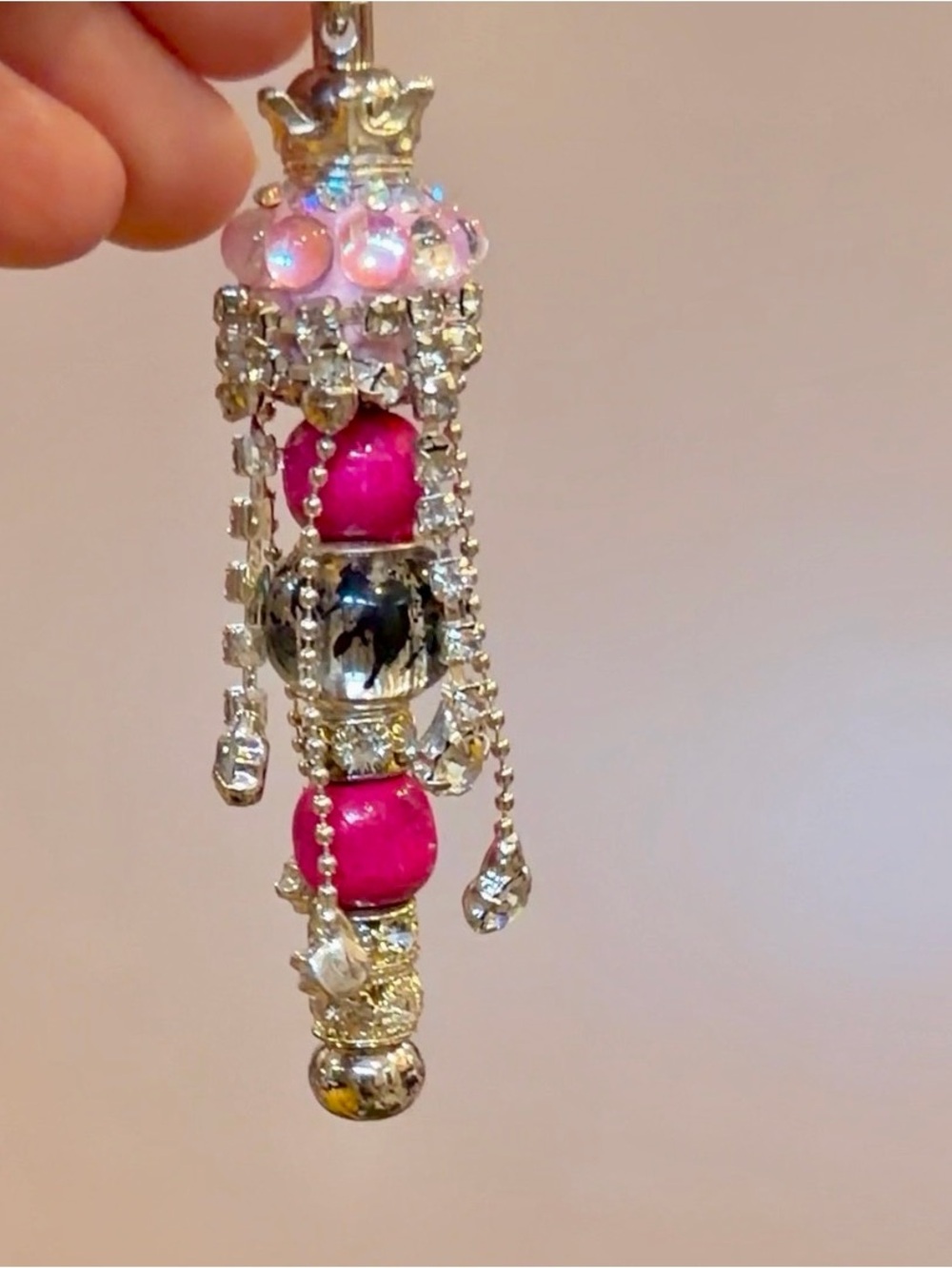 Handmade Pink Beaded Crystal Drop Keychain or bag charm. Stands out